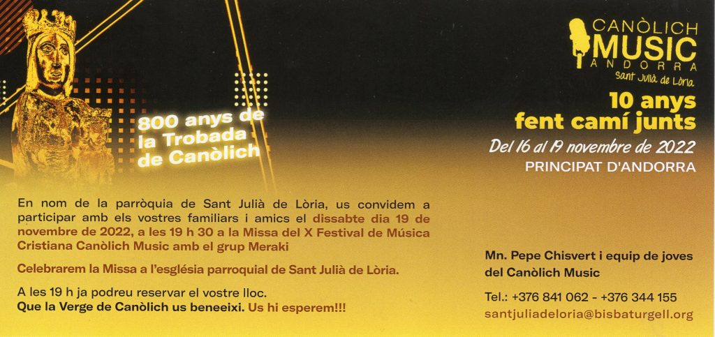 Invitació a la Missa del X Festival de Música Cristiana "Canòlich Music" @ Església de Sant Julià de Lòria